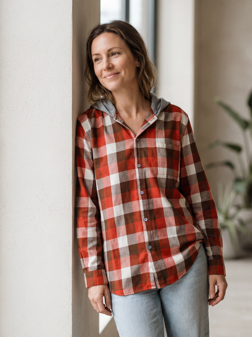 Camisa Franela Mujer con Capucha Cuadrillé terracota | 100% Algodón