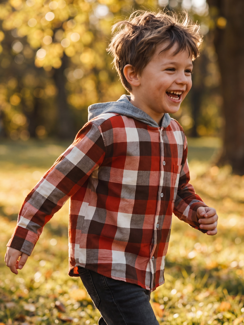 Camisa con capucha niño/a 100% algodón franela cuadros terracota con blanco