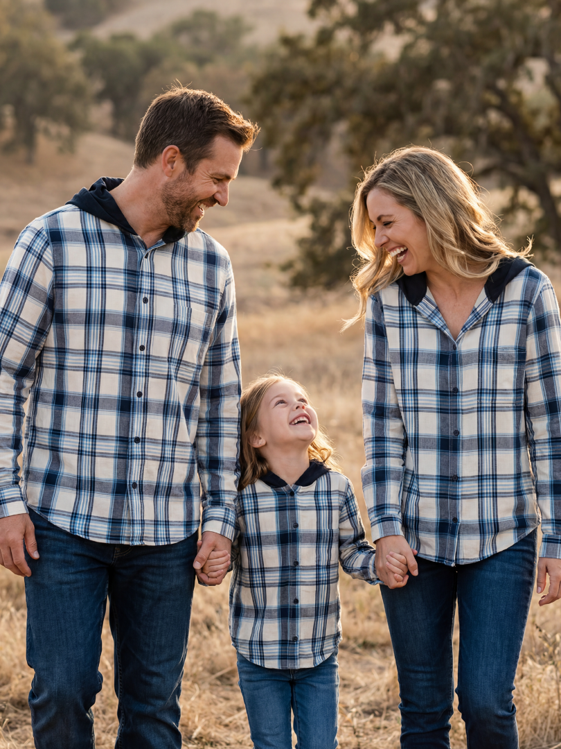 Pack 3 Camisas Franela con capucha Papá + Mamá + hijo/a | Azul con blanco 100% Algodón