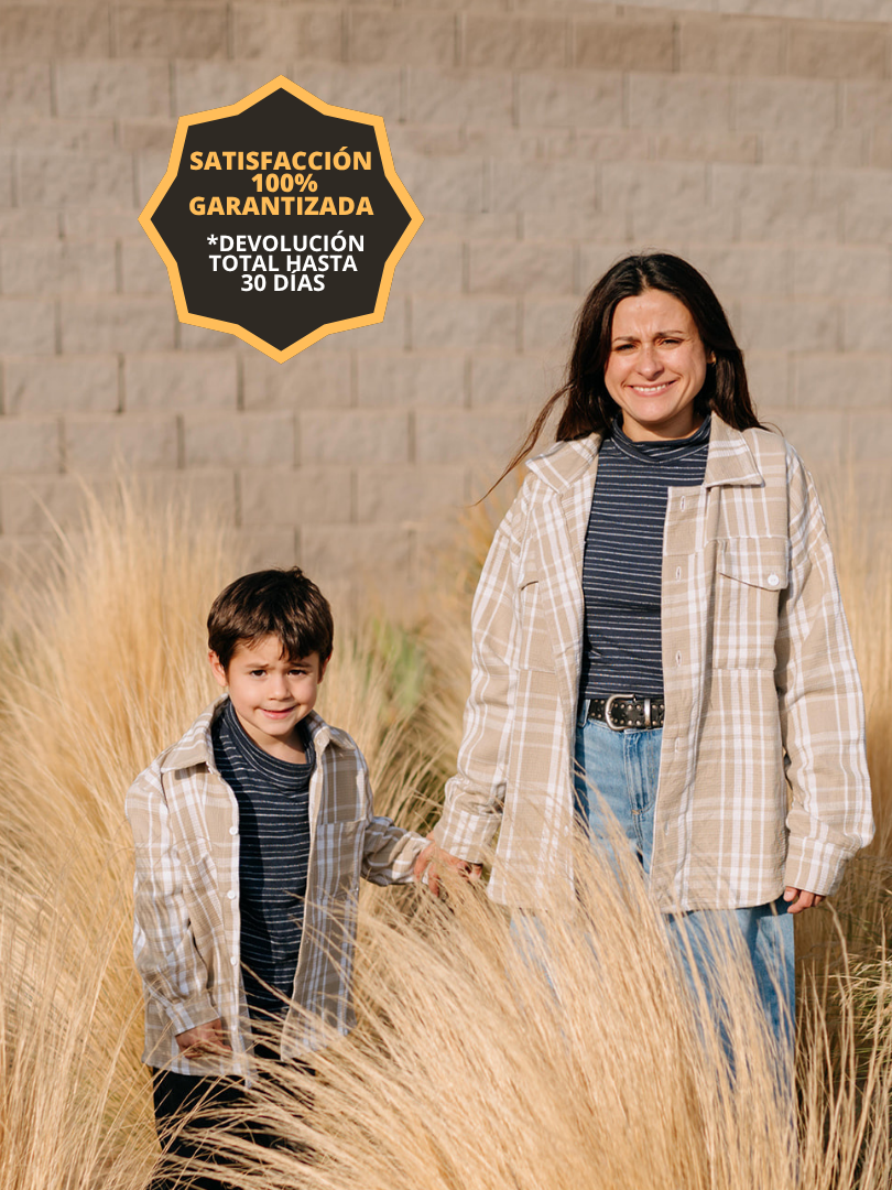 Pack 2 Camiseras Mamá + hijo/a | Cuadrillé Beige/blanco | 100% Algodón
