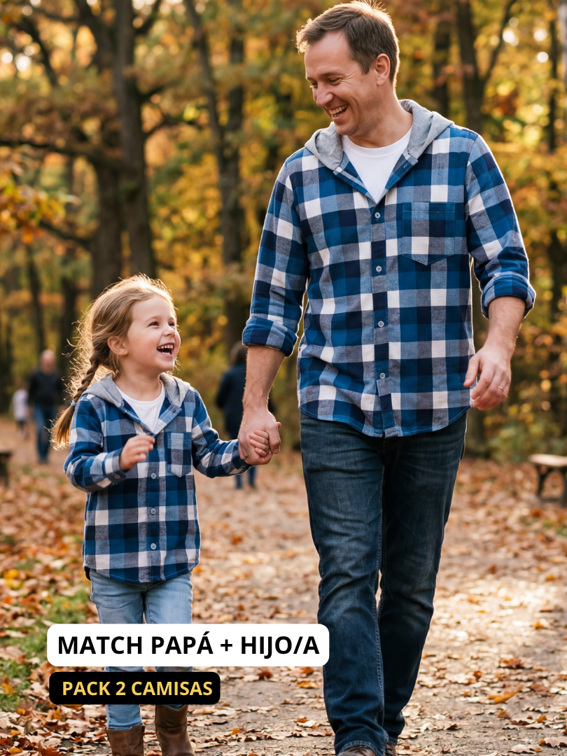 Pack 2 Camisas Franela con capucha Papá + hijo/a | Azul 100% Algodón