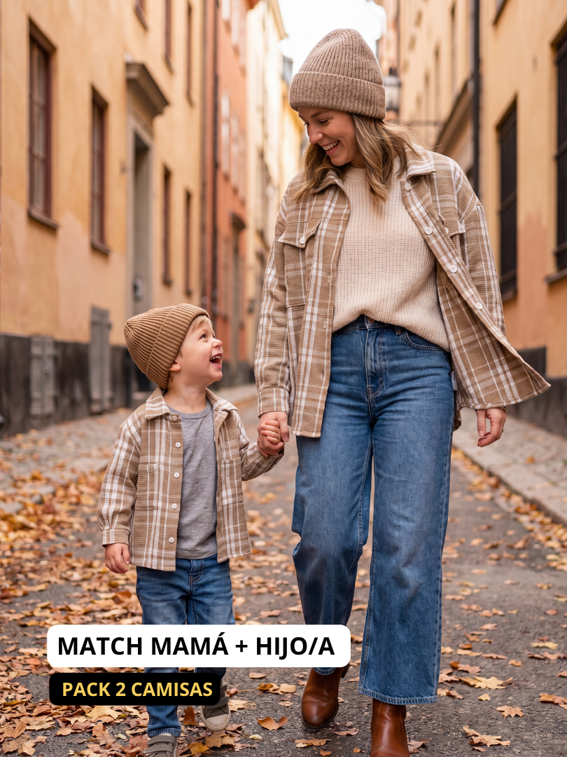 Pack 2 Camiseras Mamá + hijo/a | Cuadrillé Beige/blanco | 100% Algodón