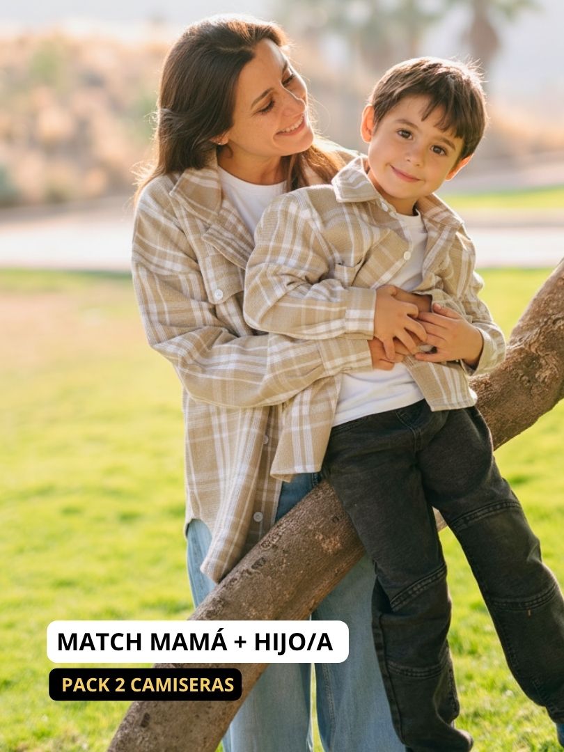 Pack 2 Camiseras Mamá + hijo cuadrillé 100% Algodón Beige/blanco