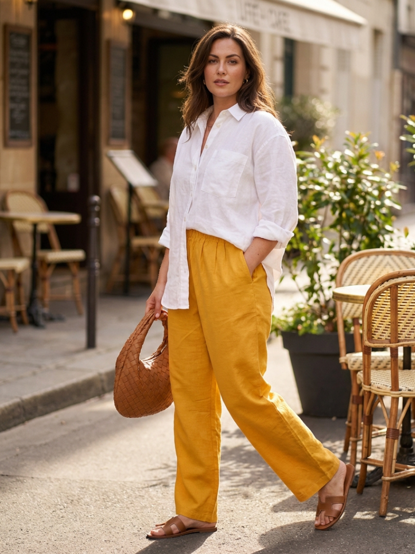 Pantalón Mujer 100% Lino color Mostaza