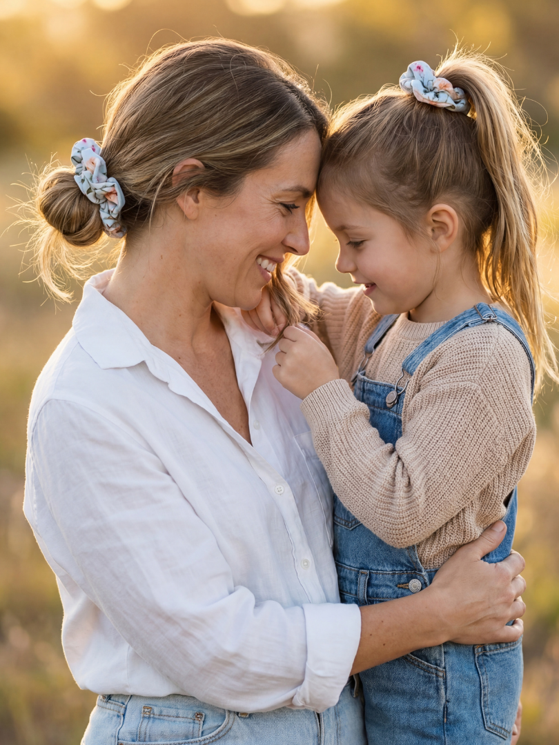 Pack 2 Scrunchie Floral celeste Mamá-Hija 100% Viscosa