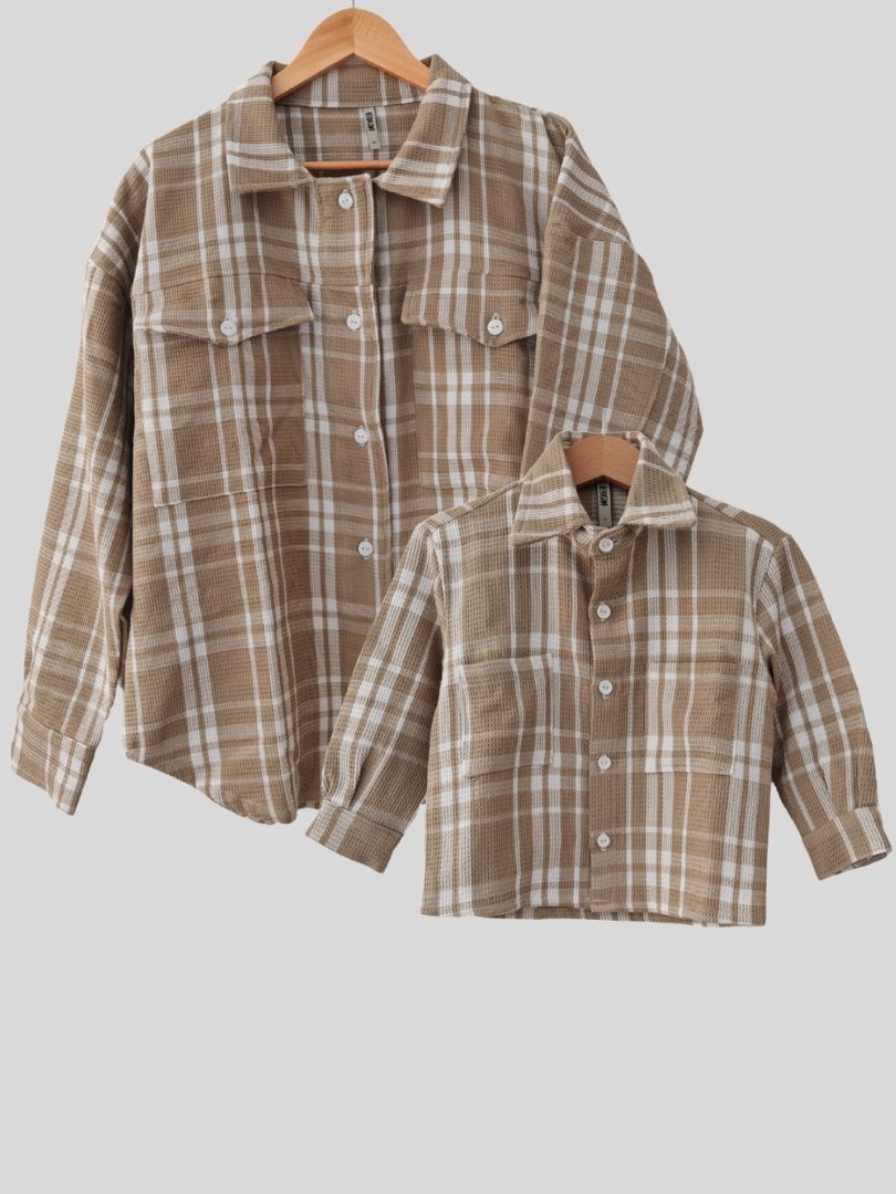 Pack 2 Camiseras Mamá + hijo cuadrillé 100% Algodón Beige/blanco