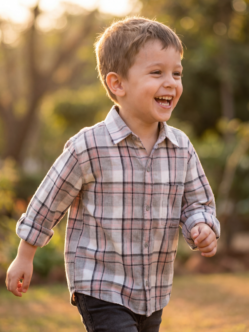 Camisa Franela Infantil Cuadrillé Gris/Rosado | 100% Algodón