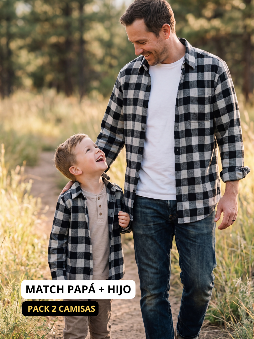 Pack 2 Camisas Franela Papá + hijo | Negro/Gris 100% Algodón
