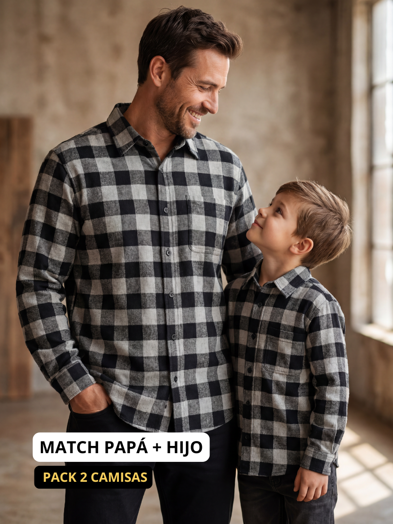 Pack 2 Camisas Franela Papá + hijo | Negro/Gris 100% Algodón