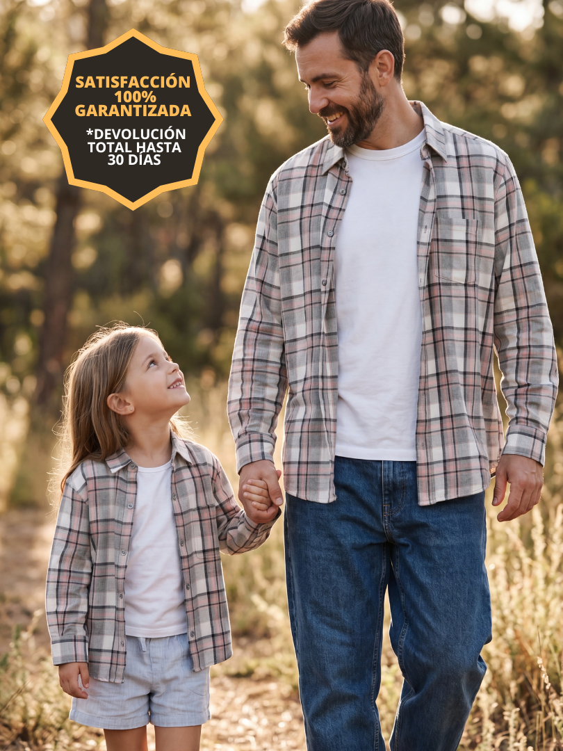 Pack 2 Camisas Franela Papá + hijo/a | Gris/Rosado 100% Algodón