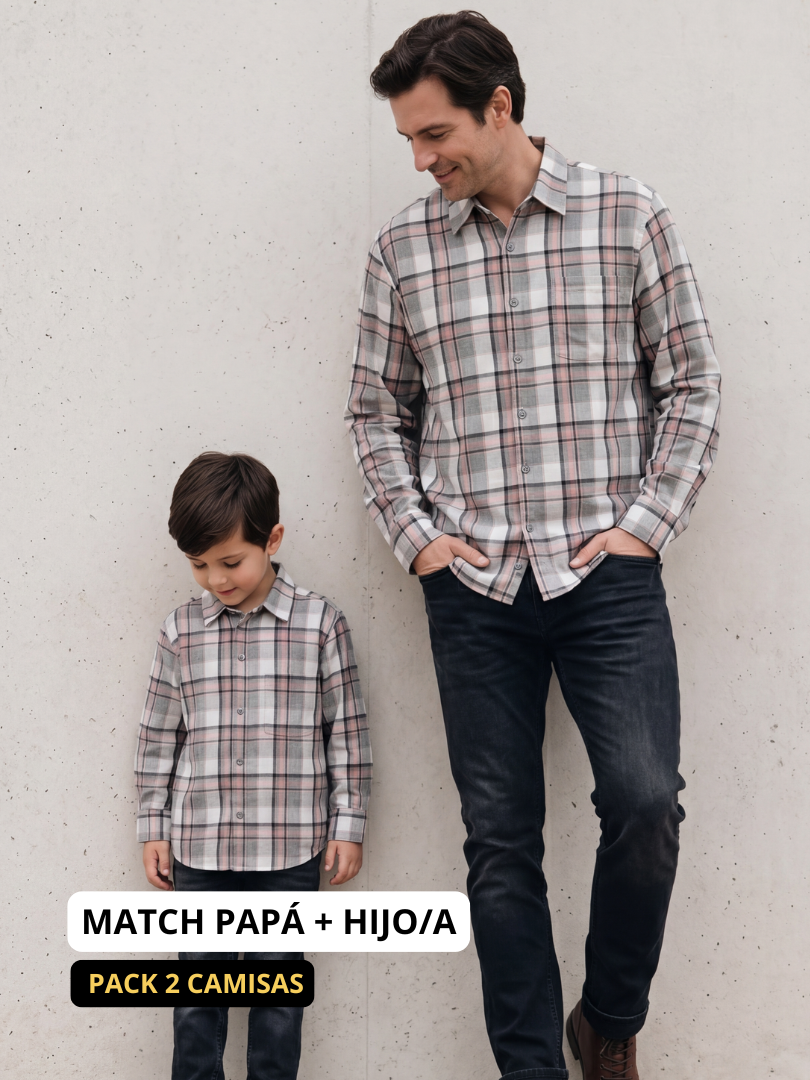 Pack 2 Camisas Franela Papá + hijo/a | Gris/Rosado 100% Algodón