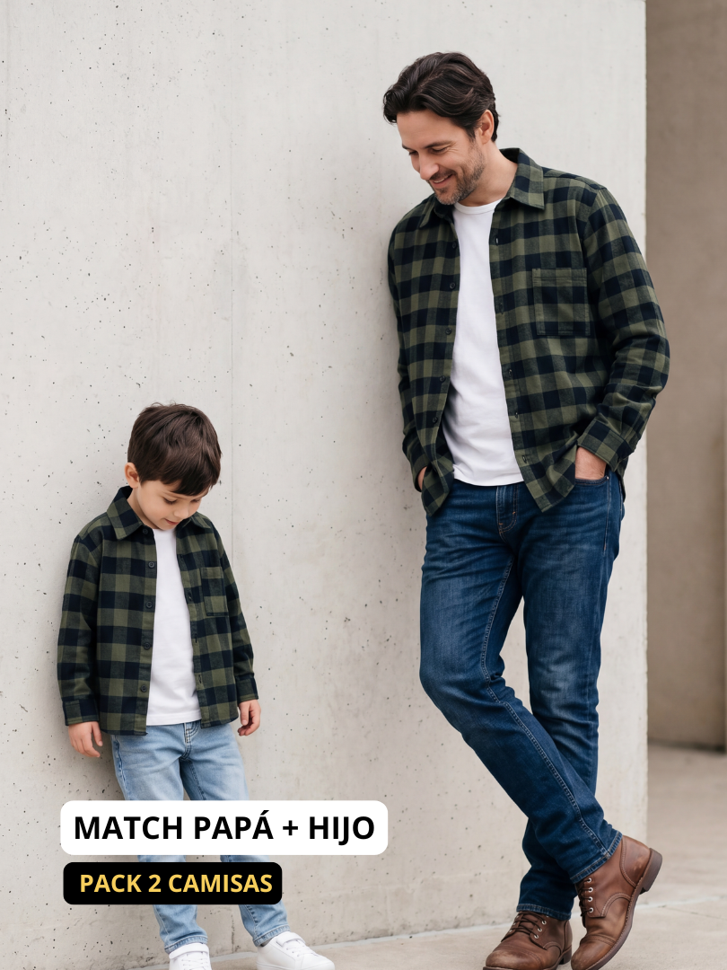 Pack 2 Camisas Franela Papá + hijo | Negro/verde 100% Algodón