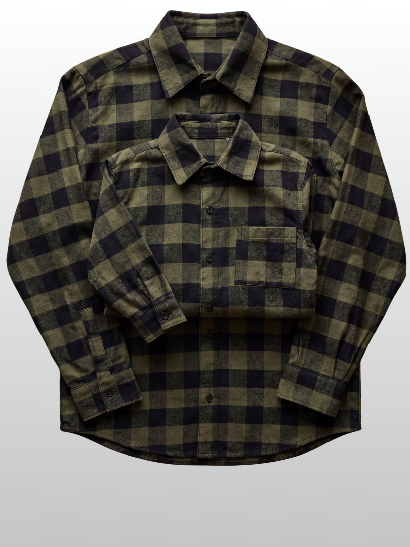 Pack 2 Camisas Franela Papá + hijo | Negro/verde 100% Algodón