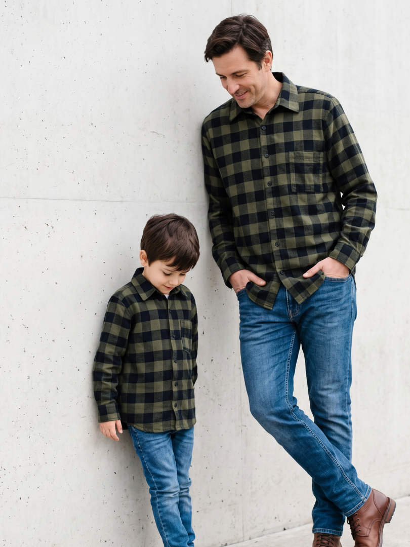 Pack 2 Camisas Franela Papá + hijo | Negro/verde 100% Algodón