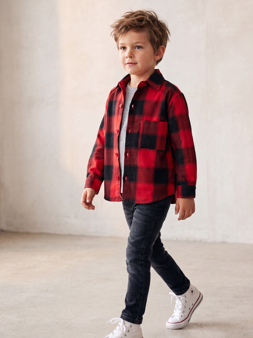 Camisa Franela niño | Rojo con negro 100% algodón Franela