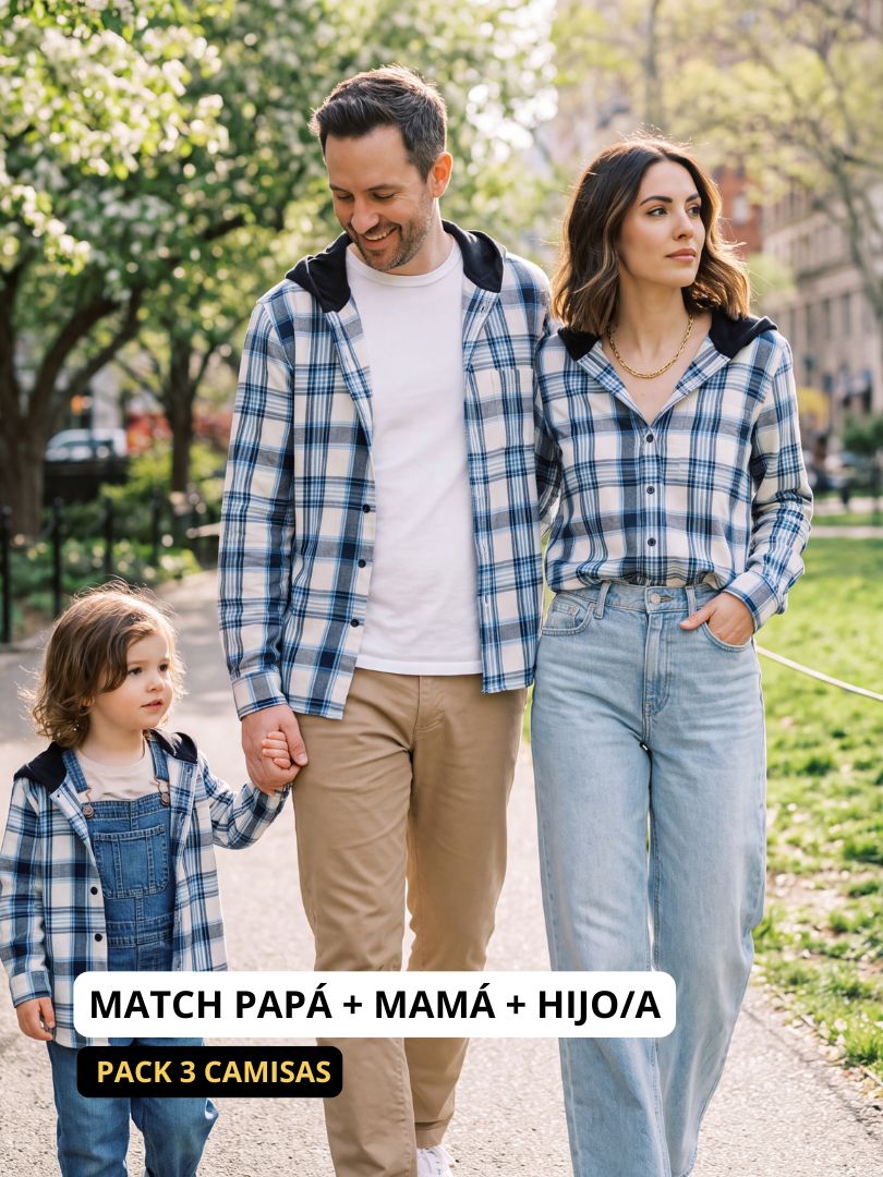 Pack 3 Camisas Franela Papá + Mamá + hijo Azul/blanco 100% Algodón
