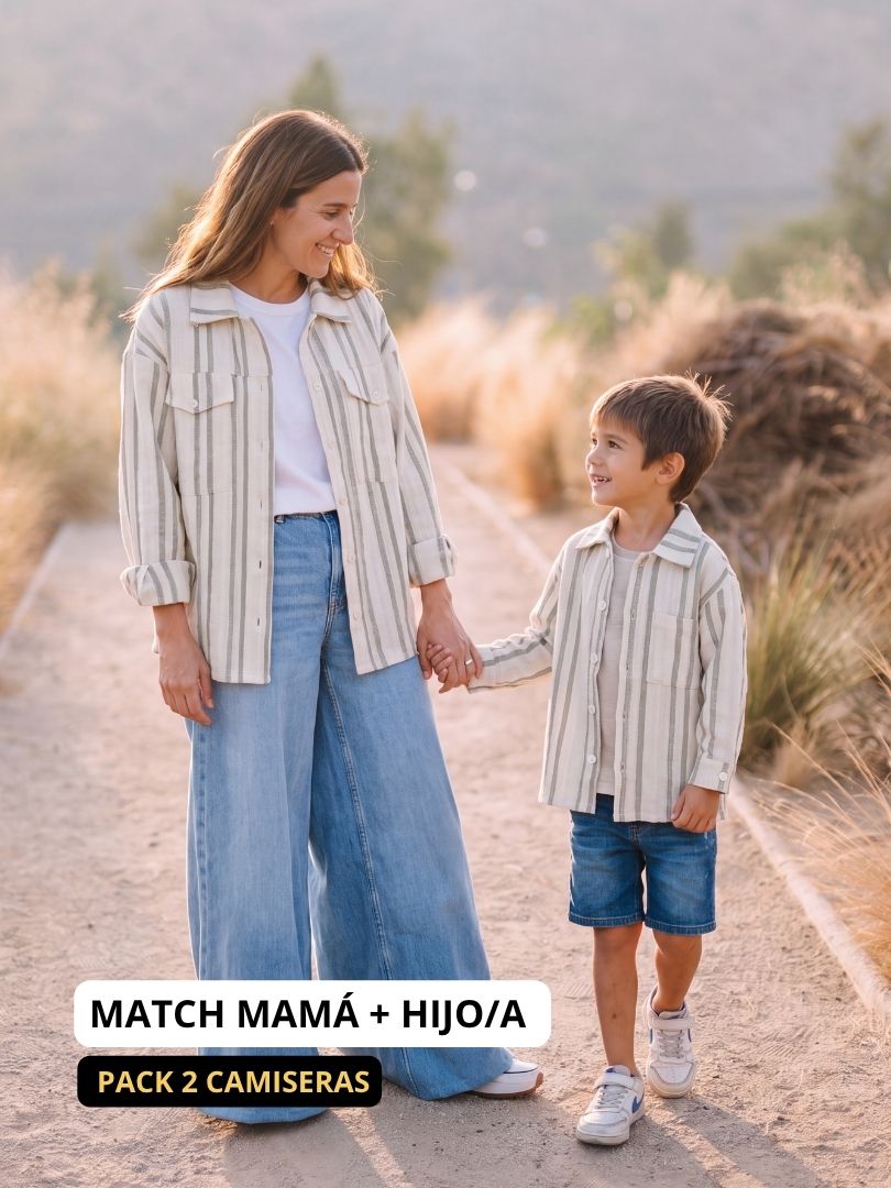 Pack 2 Camiseras Mamá + hijo Rayas 100% Algodón Verde/Oliva