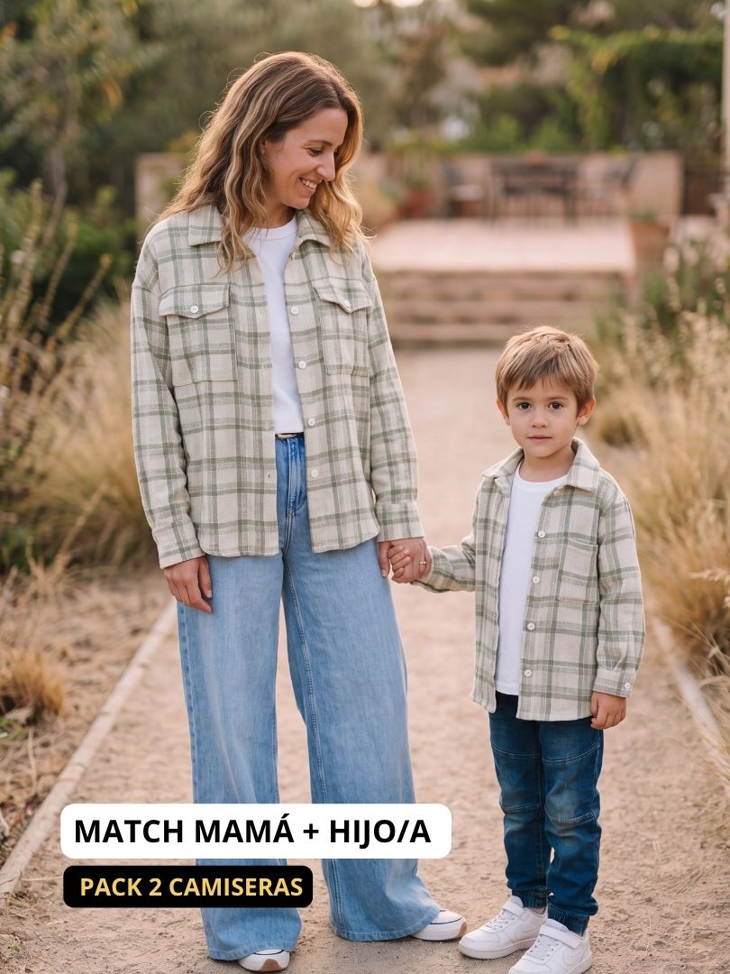 Pack 2 Camiseras Mamá + hijo/a cuadrillé 100% Algodón Verde/blanco