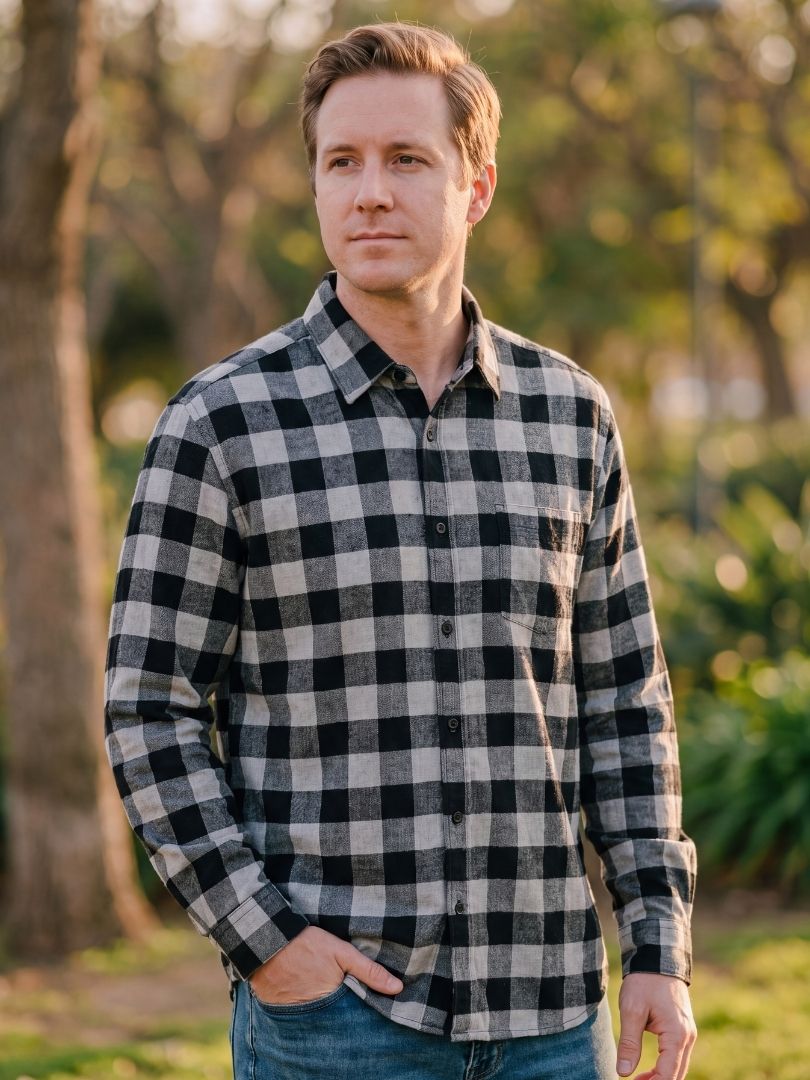 Camisa Franela Hombre Negro/Gris 100% Algodón