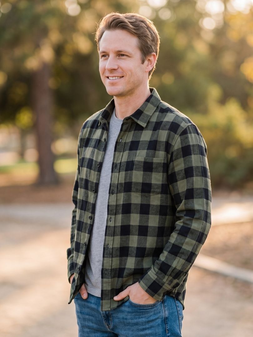 Camisa Franela Hombre Negro/Verde 100% Algodón
