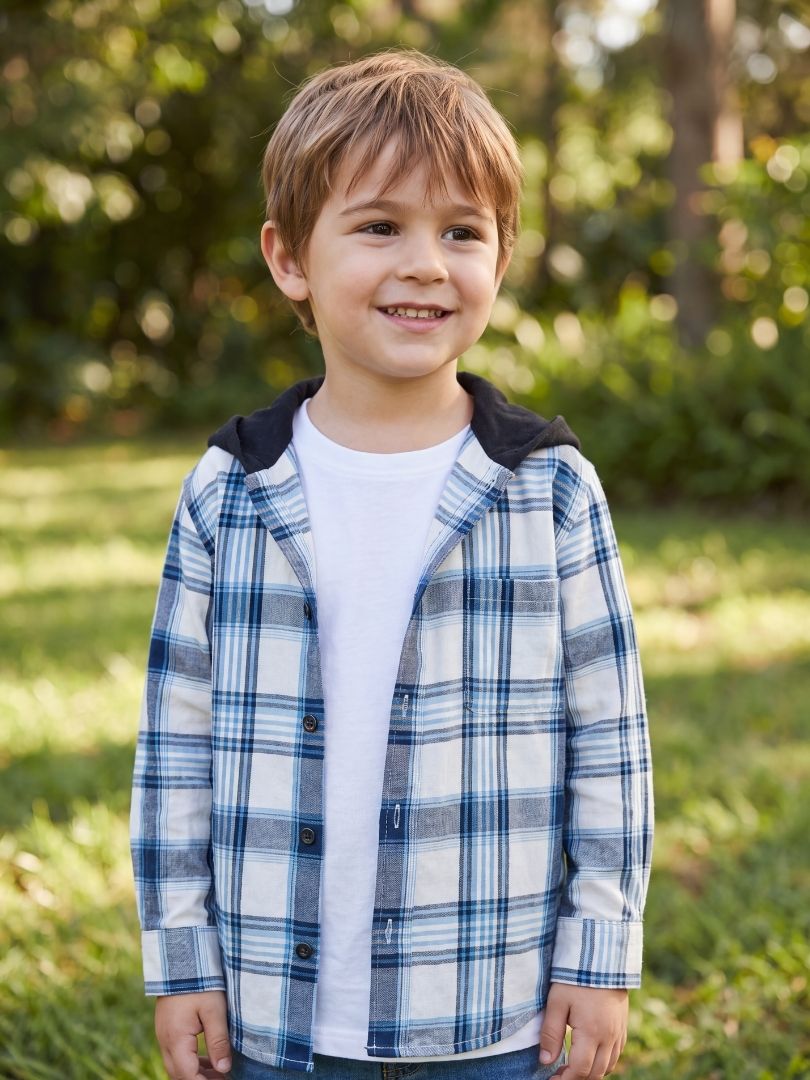Camisa Franela infantil con capucha Azul con blanco 100% Algodón