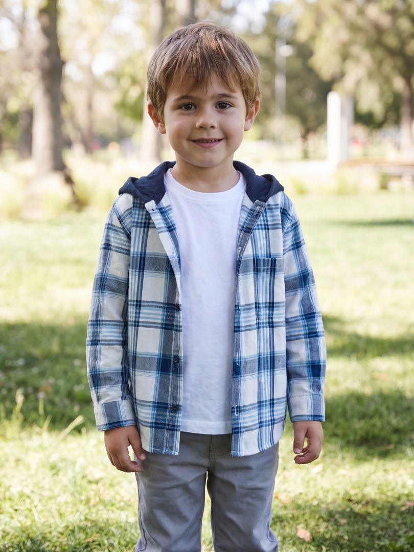 Camisa Franela infantil con capucha Azul con blanco 100% Algodón