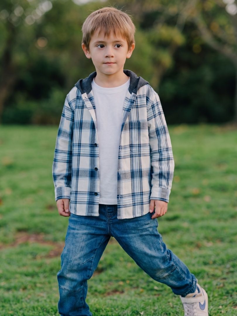 Camisa Franela infantil con capucha Azul con blanco 100% Algodón