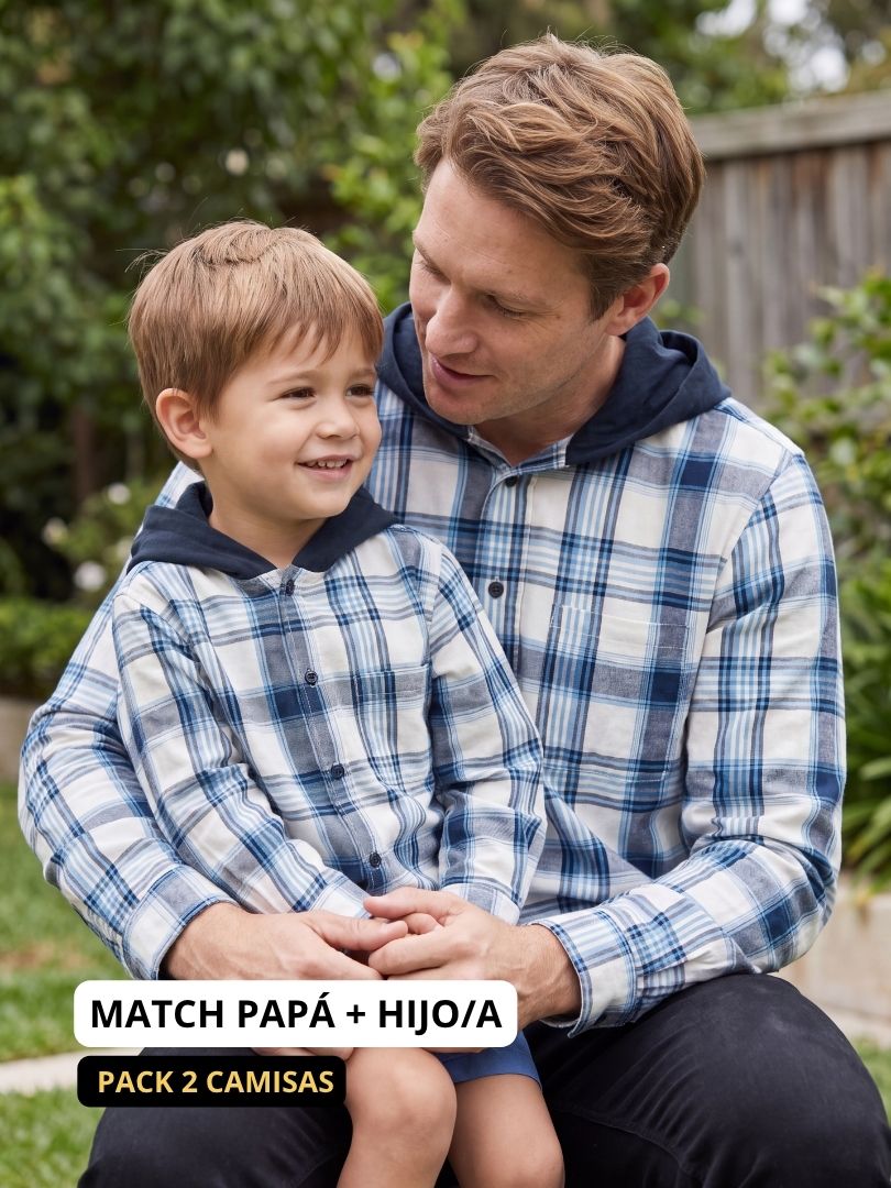 Pack 2 Camisas Franela con capucha Papá + hijo Azul con blanco 100% Algodón