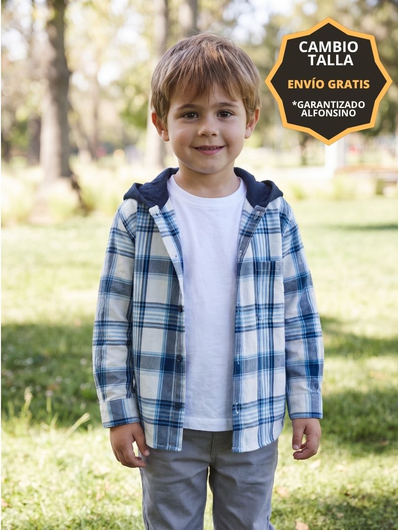 Pack 2 Camisas Franela con capucha Papá + hijo Azul con blanco 100% Algodón