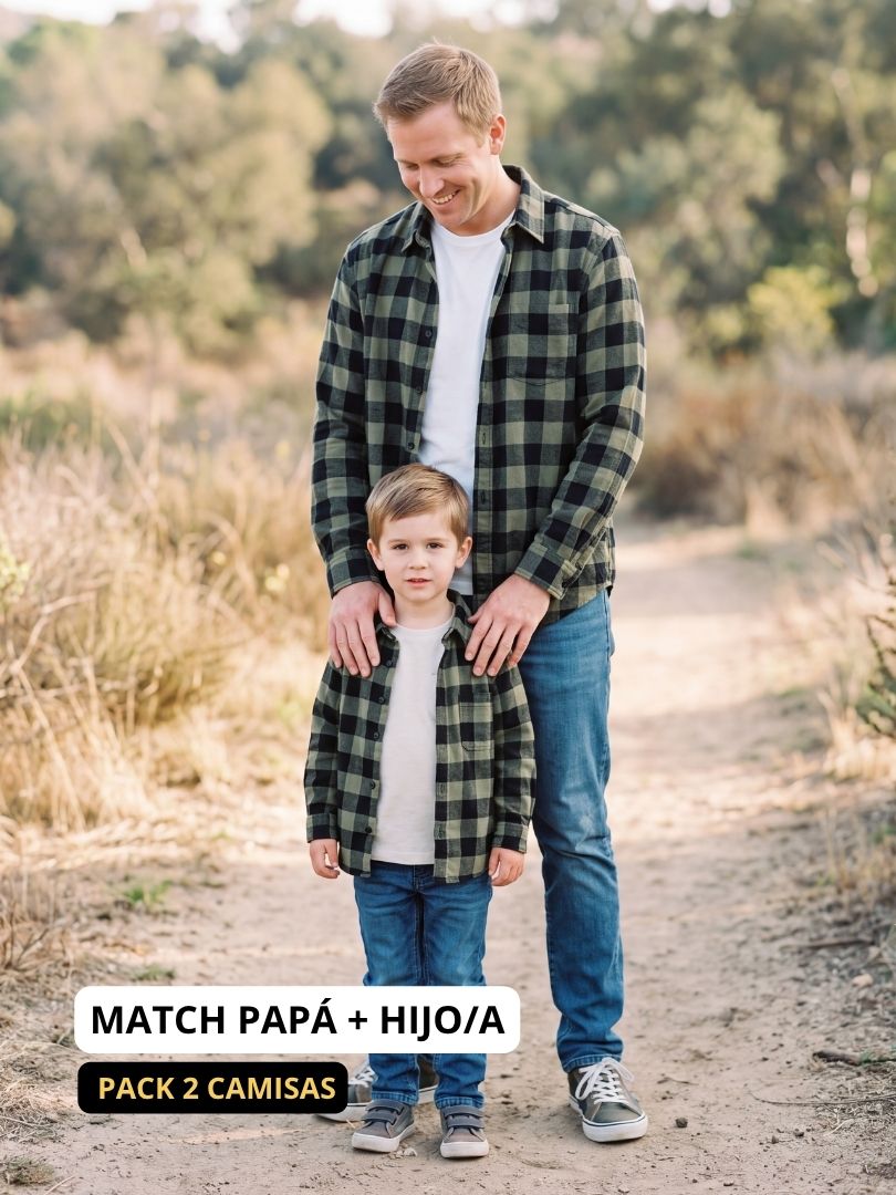 Pack 2 Camisas Franela Papá + hijo Negro/verde 100% Algodón