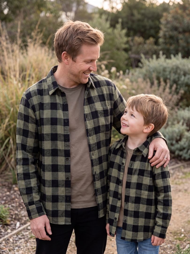Pack 2 Camisas Franela Papá + hijo Negro/verde 100% Algodón