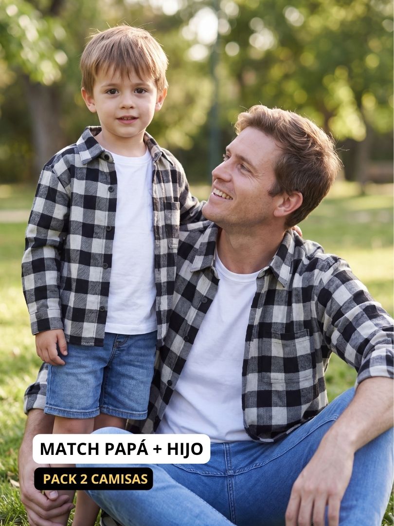 Pack 2 Camisas Franela Papá + hijo Negro/Gris 100% Algodón