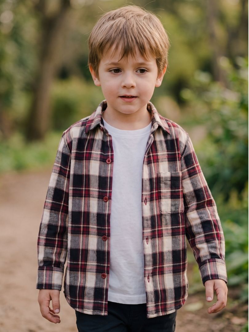 Camisa Franela Infantil Burdeo/Beige 100% Algodón