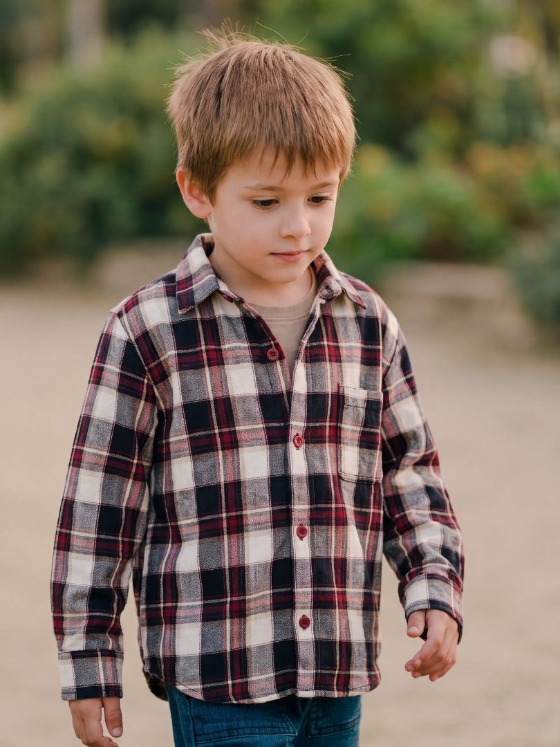 Camisa Franela Infantil Burdeo/Beige 100% Algodón
