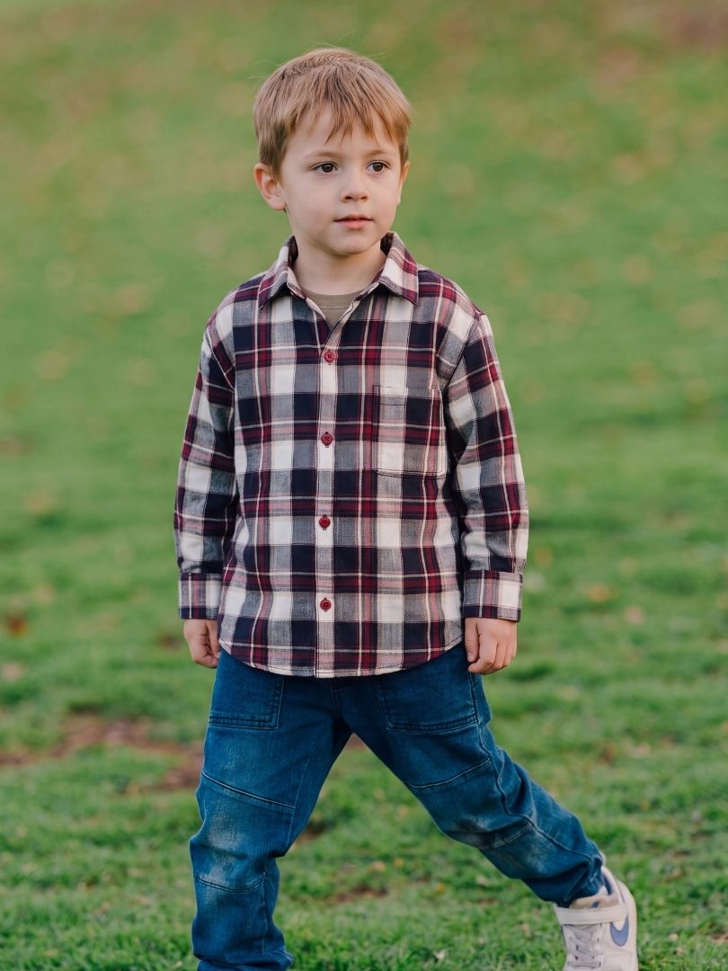 Camisa Franela Infantil Burdeo/Beige 100% Algodón