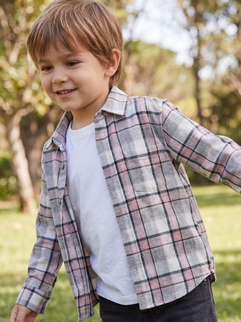 Camisa Franela Infantil Gris/Rosado 100% Algodón