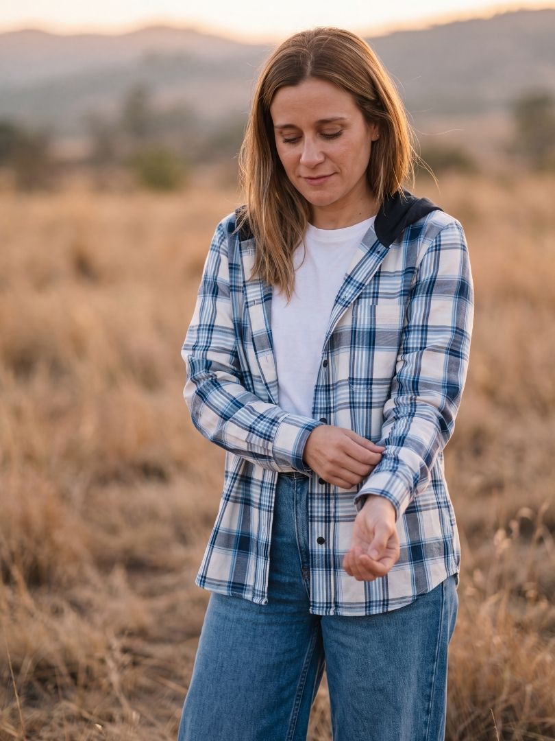 Camisa Franela Mujer con Capucha Azul con blanco 100% Algodón