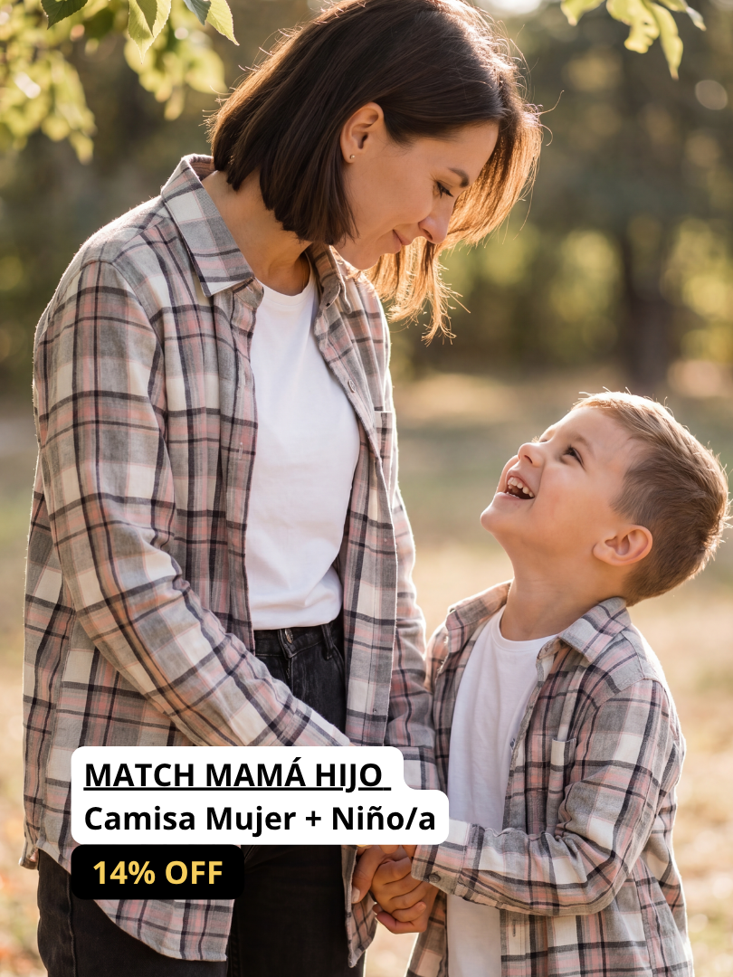 Pack 2 Camisas Franela Mamá + hijo/a | Cuadrillé Gris/Rosado | 100% Algodón