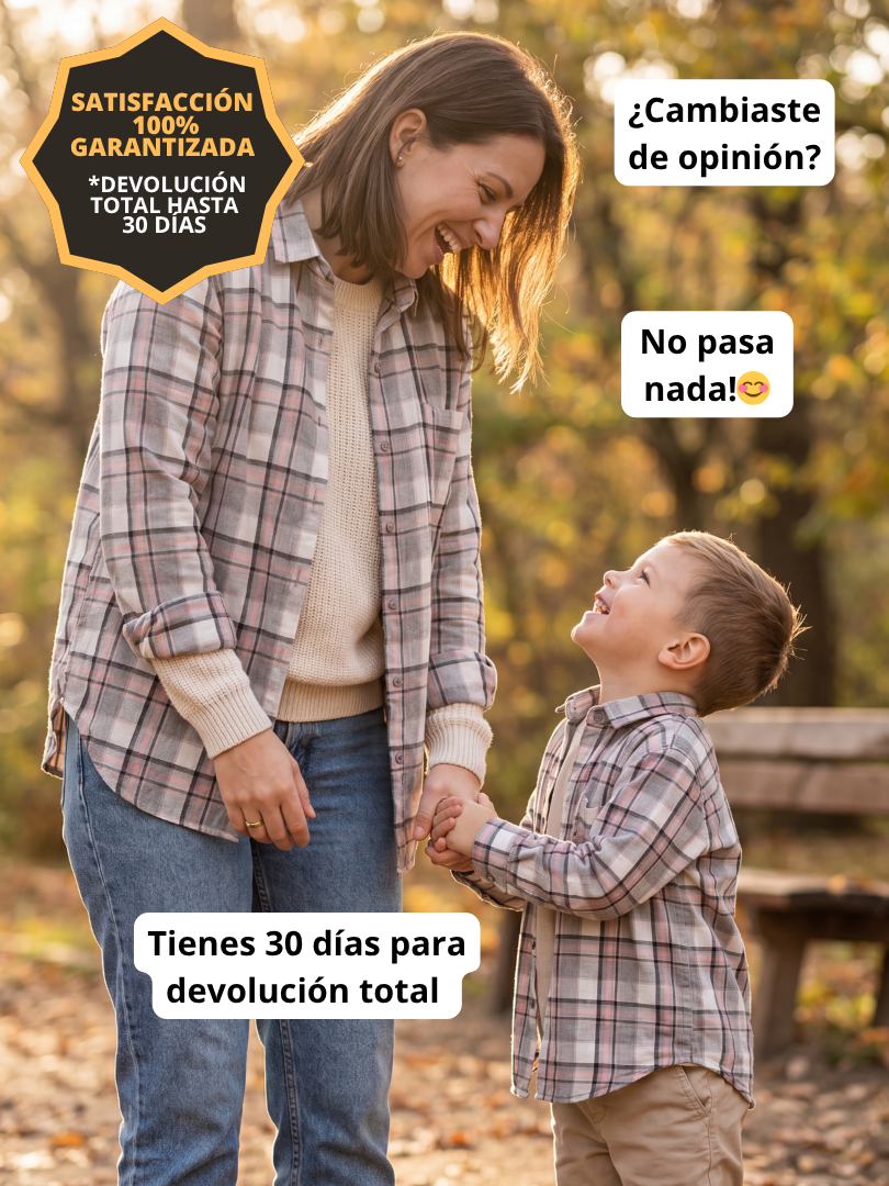 Pack 2 Camisas Franela Mamá + hijo/a | Cuadrillé Gris/Rosado | 100% Algodón