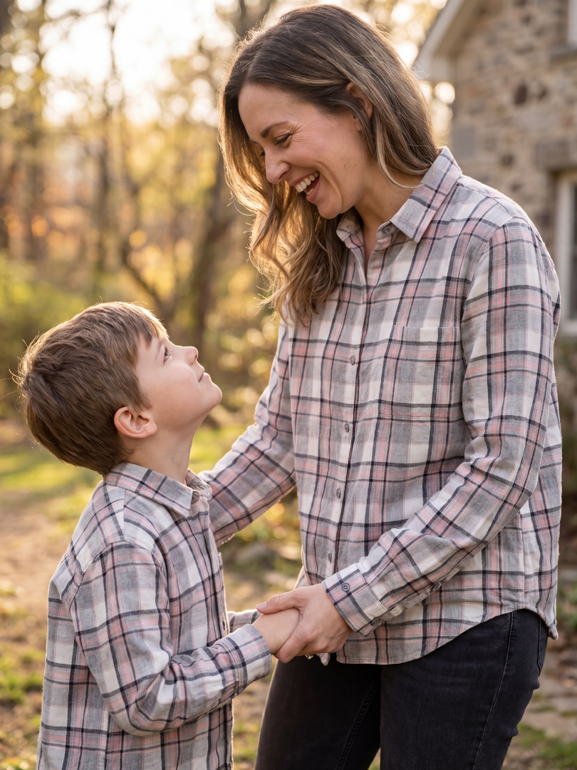 Pack 2 Camisas Franela Mamá + hijo/a | Cuadrillé Gris/Rosado | 100% Algodón