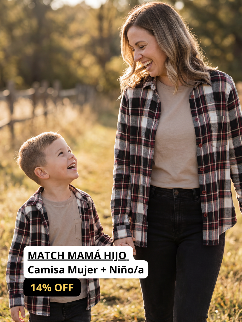 Pack 2 Camisas Franela Mamá + hijo/a | Cuadrillé Burdeo/Beige | 100% Algodón