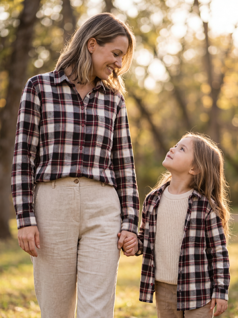 Pack 2 Camisas Franela Mamá + hijo/a | Cuadrillé Burdeo/Beige | 100% Algodón