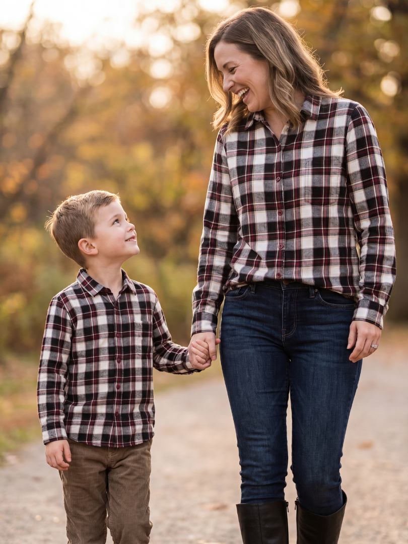 Pack 2 Camisas Franela Mamá + hijo/a | Cuadrillé Burdeo/Beige | 100% Algodón