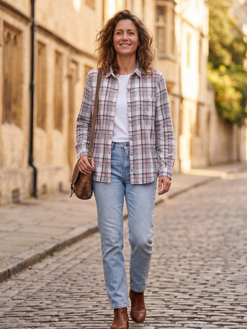 Camisa Franela Mujer Cuadrillé Gris/Rosado | 100% Algodón