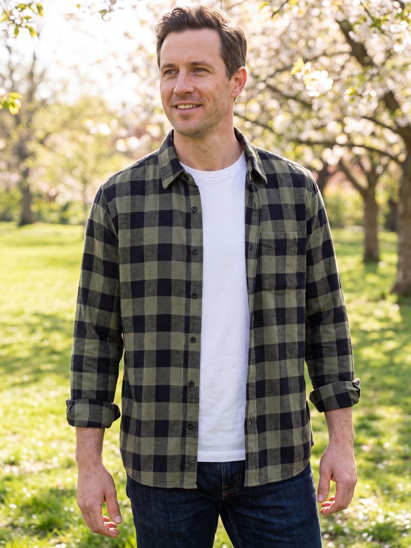 Camisa Franela Hombre Negro/Verde 100% Algodón