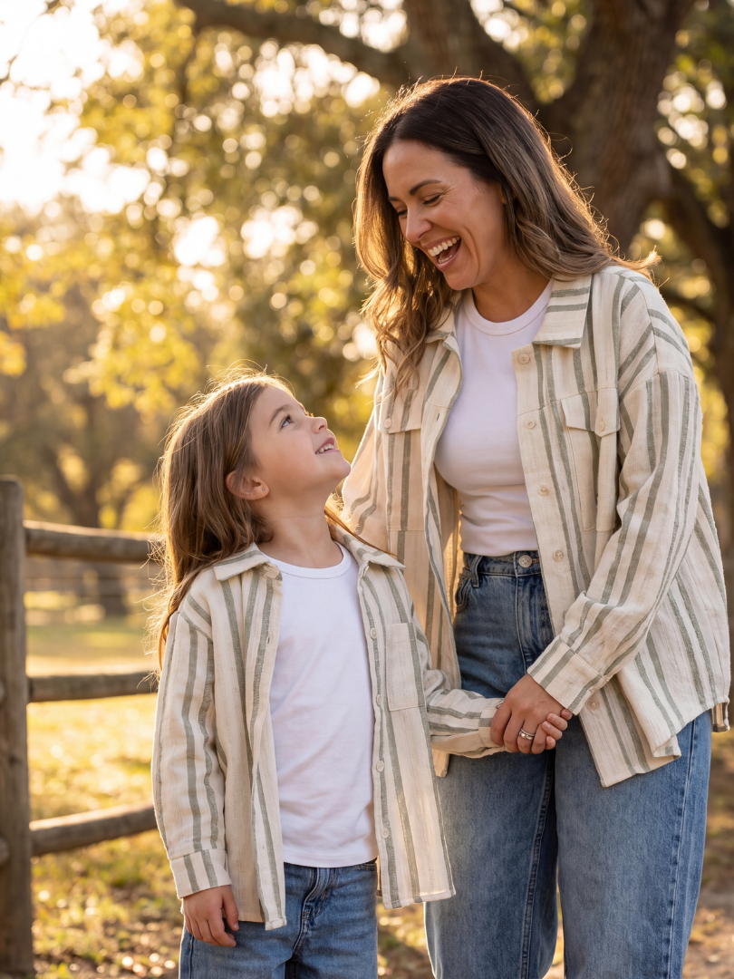 Pack 2 Camiseras Mamá + hijo/a | Rayas Verde Oliva | 100% Algodón