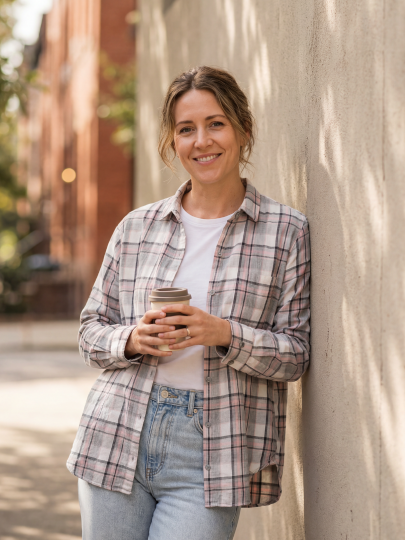 Camisa Franela Mujer Cuadrillé Gris/Rosado | 100% Algodón
