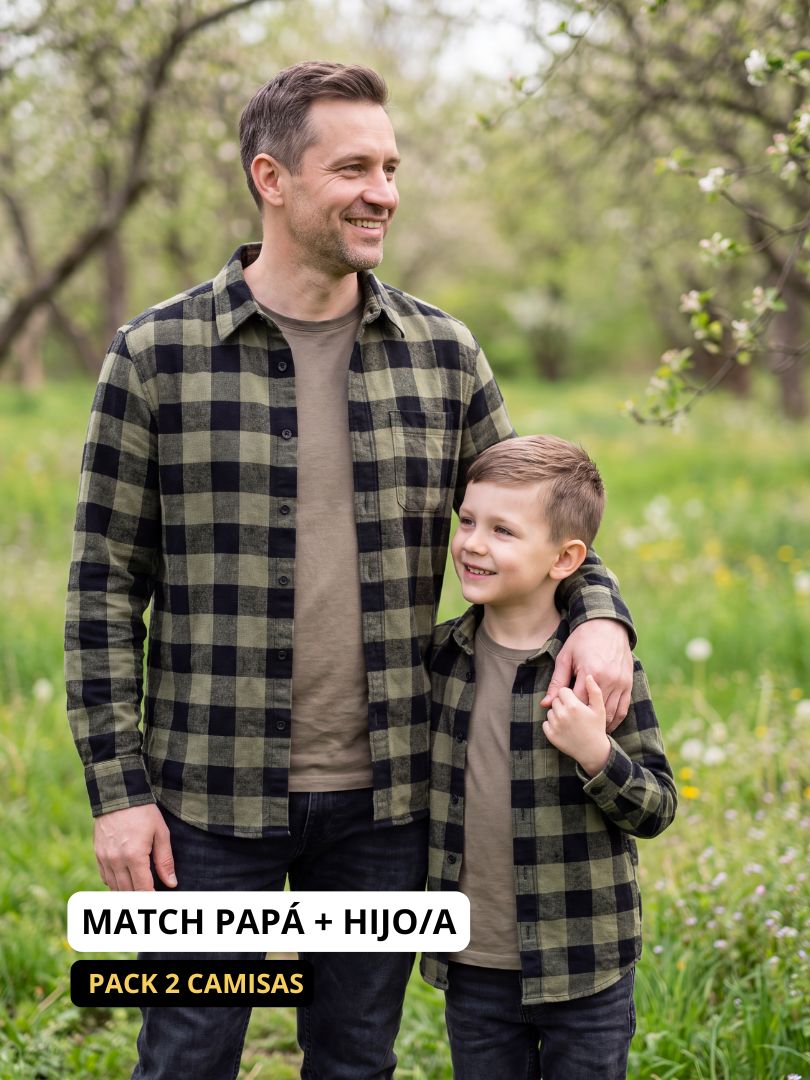 Pack 2 Camisas Franela Papá + hijo Negro/verde 100% Algodón