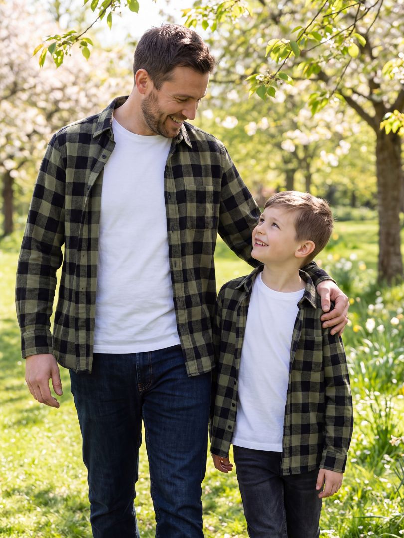 Pack 2 Camisas Franela Papá + hijo Negro/verde 100% Algodón