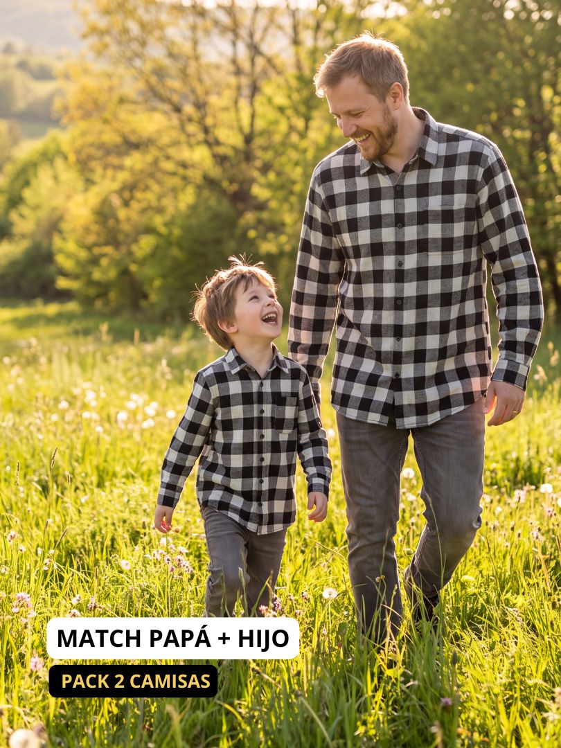 Pack 2 Camisas Franela Papá + hijo Negro/Gris 100% Algodón